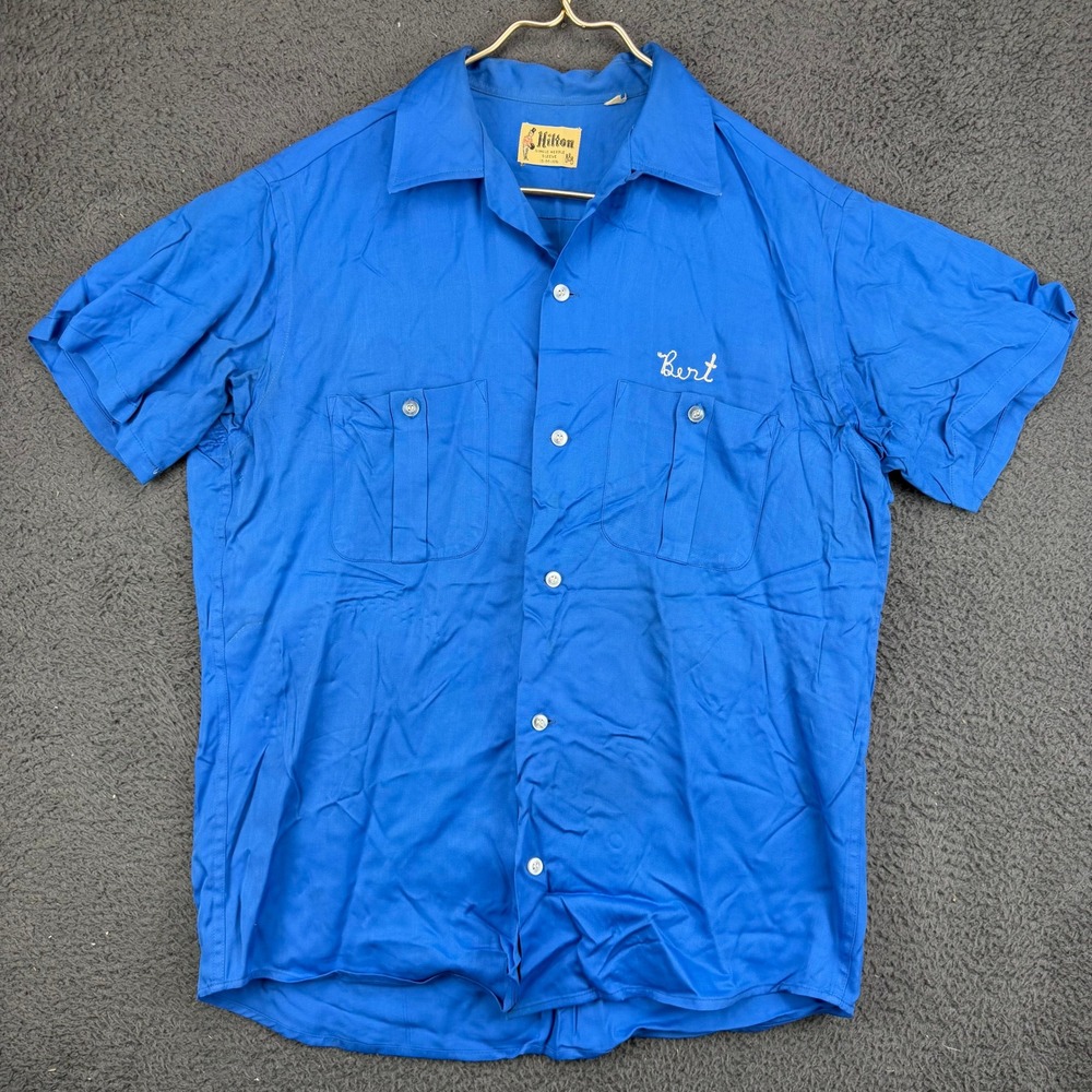 Vintage Hilton Bowling Shirt Blue Embroidered Bert Slaton Texas Mens Medium